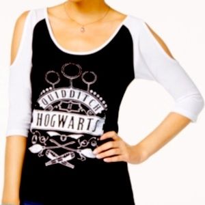 Harry Potter shirt peekaboo shoulders small Quidditch Hogwarts black white top
